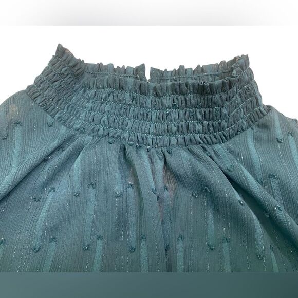 EXPRESS Teal Green Mock Neck Semi-Sheer Long Sleeve Tie Bottom Blouse - Picture 2 of 11